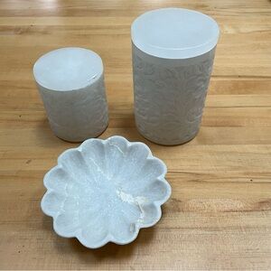 Carved Stone Bathroom Canisters and Shell Bowl